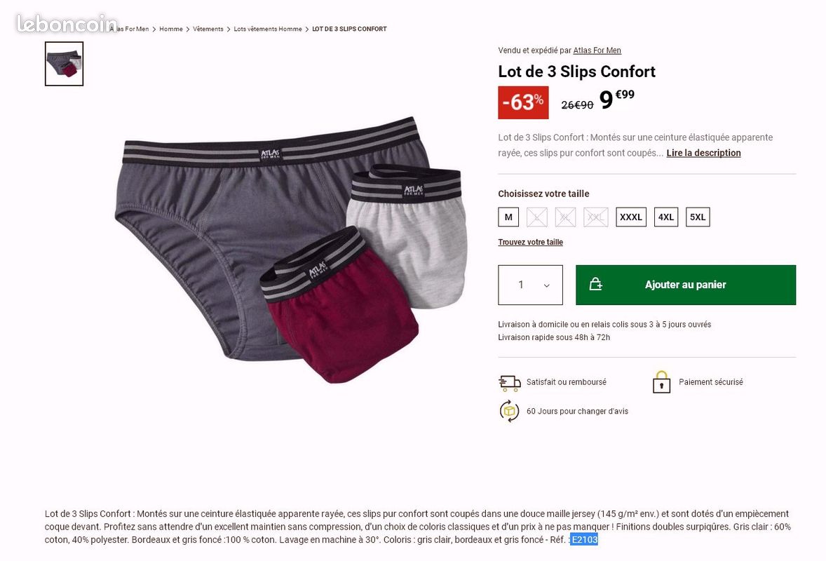 Lot de 3 Slips Unis Confort ( Neuf ) (image 1)