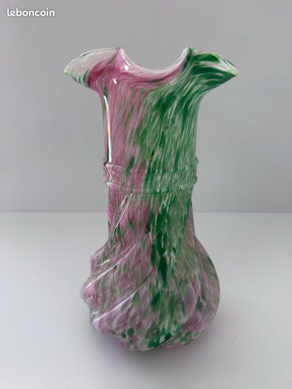 Grand Vase Torsadé en Verre de Murano - Rose et Vert Moucheté - Vintage 1950 (image 3)
