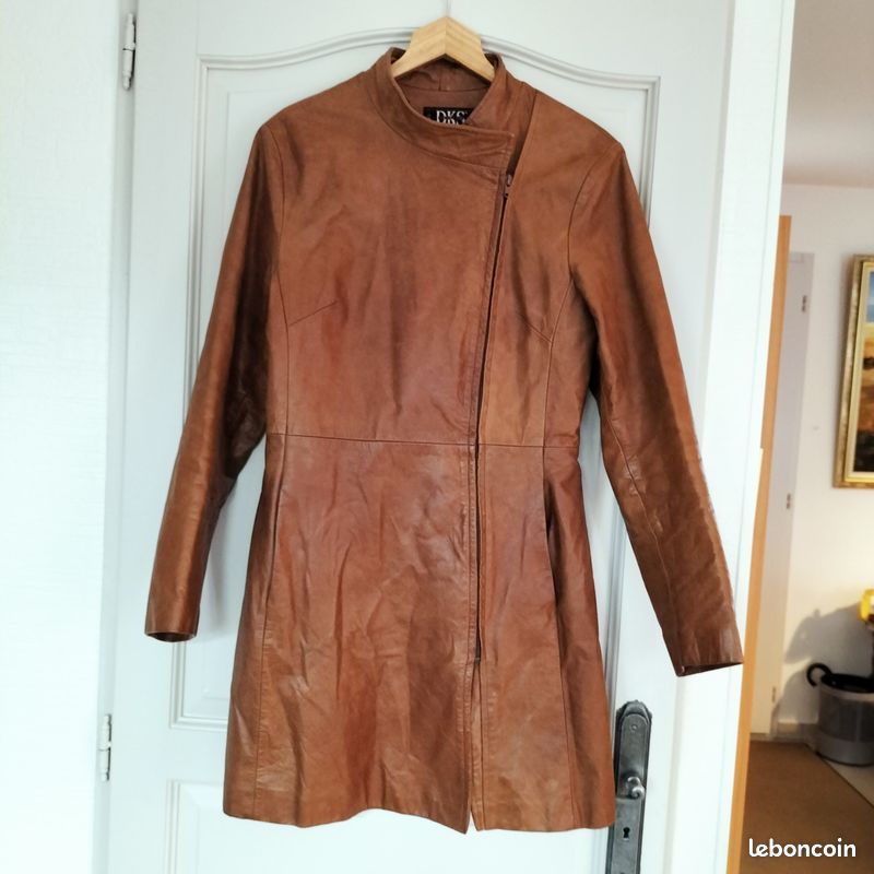 Manteau Cuir Femme DKS Taille S Avec Ceinture Et Col Fourrure Amovible - Occasion Très Bon état