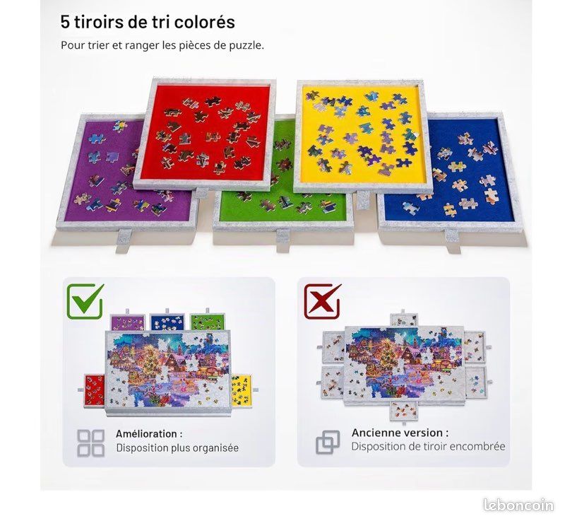 Accessoire Puzzle Adulte Enfant Cadeau Table De Puzzle Inclinable 2 En 1 - Avec 6 Tiroirs Et Couvercle, Jusqu'à 1000 Pièces, Légère En Feutre, Idéale Pour Adultes Et Enfants