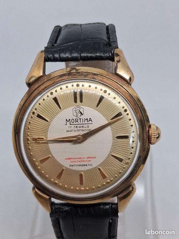 Montre Mortima Automatique Avec Bracelet Cuir – Boîtier Doré – État De Marche – Unisexe Vintage