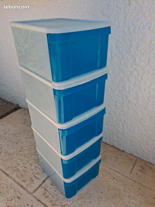 Tour tiroirs empilables rangement plastique bleu et blanc TBE (image 1)