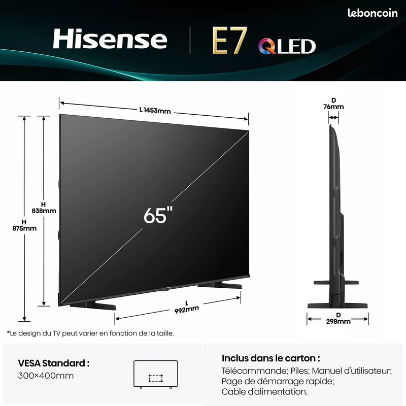 Hisense 65E7Q Télévision écran plat 65 pouces 164cm 3840x2160 - TV connecté (image 3)