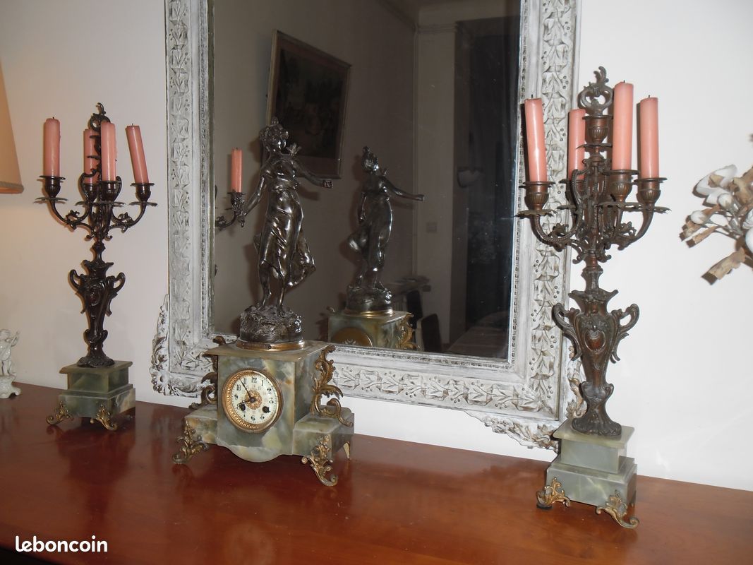Pendule et chandeliers de cheminée ancienne signée ROUSSEAU (image 1)
