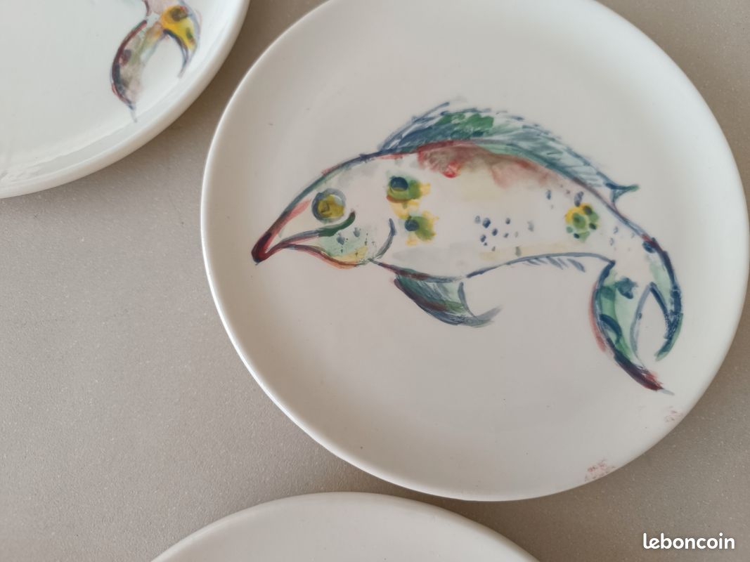 Lot 5 Assiettes Japonaises Vintage - Motif Poisson Fugu Bleu Et Blanc
