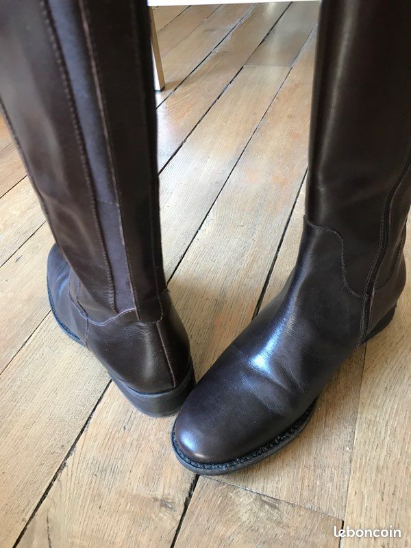 Bottes Minelli Pointues Cuir Plissé – Taille 37, Marron, Occasion Très Bon état