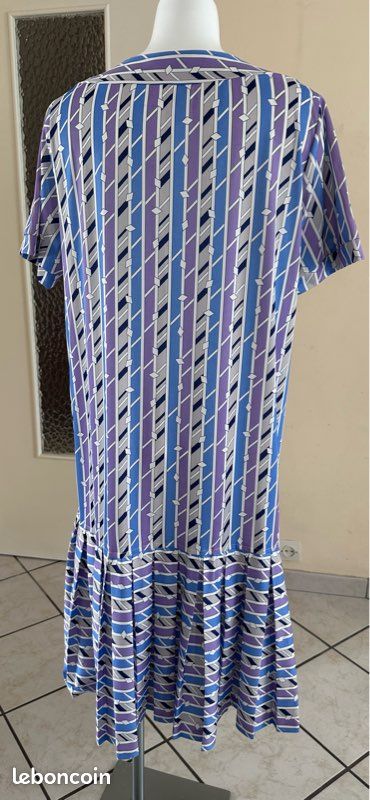 Robe vintage plissée Made in France Motif géométrique violet & bleu Taille 3 (42/44) (image 6)