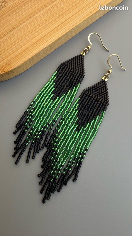 Boucles d'oreilles longues élégantes chic 10 cm - noir/vert Miyuki fait main (image 4)