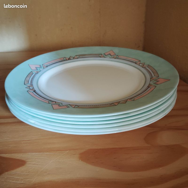 Lot 6 Petites Assiettes Plates Arcopal France - Motif Mint - Diamètre 20 Cm