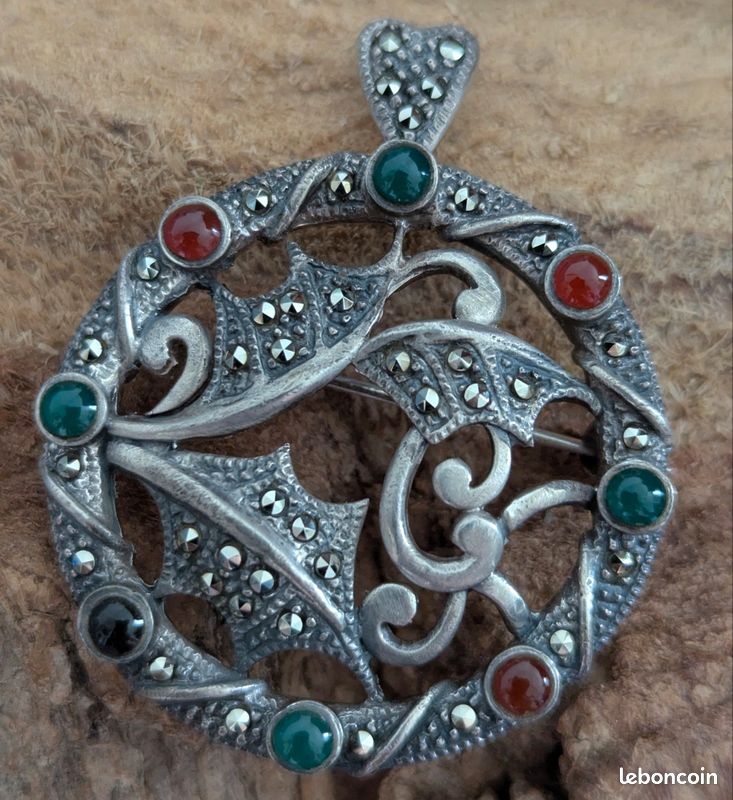ANCIEN COLLIER EN Argent Massif. Pierre Noire Facetée. Chaîne Longue EUR 28,00 - FR