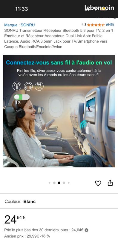 Adaptateur Bluetooth 5.3 Émetteur Récepteur SONRU - Double Link AptX Low Latency Pour TV, Casque, Enceinte