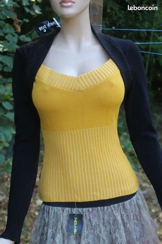 Pull col V Noir Moutarde neuf M/L (image 1)