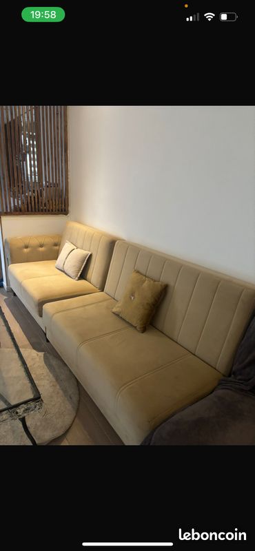 Canapé d’angle velour beige convertible (image 5)
