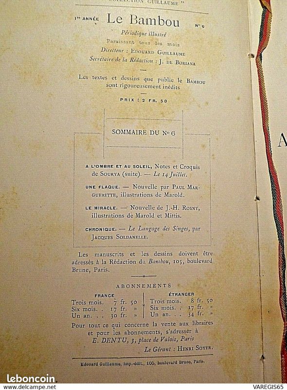 LE BAMBOU-1e ANNEE N° 5 & 6-BELLE RELIURE BASANE & DORURES-EDITION ORIGINALE DE 1893-DENTU-GUILLAUME (image 6)