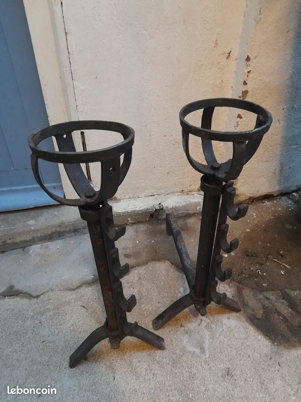 Paire de Chenets à bol avec porte broche anciens (image 2)