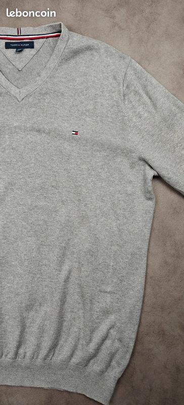 Sweat Tommy Hilfiger [XXL] 100% coton col V logo brodé homme pull gris #TH364 (image 7)
