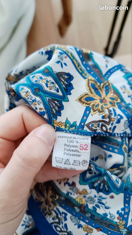 Blouse bleue blanc vintage col volanté imprimé folk bohème 70s 80s (image 7)