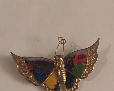 Broche Papillon Années 70 - Alliage Doré Et Résine Brillante Mordorée - Occasion Vintage