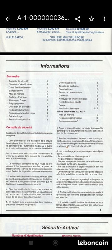 Manuel notice d'utilisation photocopie noir et blanc Peugeot 103 mots clés rcx spx mvl sp vogue (image 3)