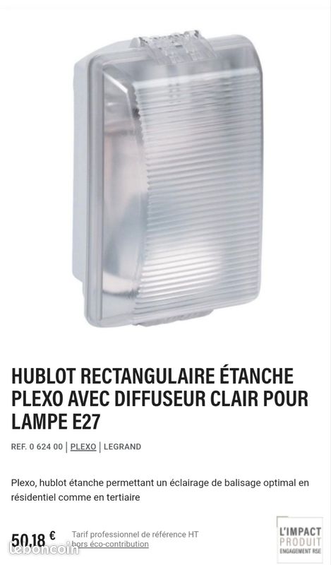 Hublot rectangulaire legrand 62400 étanche avec diffuseur clair lampe e27 neuf emballé (image 1)