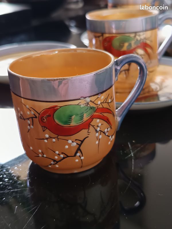 7 tasses et sucrier porcelaine japonaise Décor délicat d’oiseaux exotiques sur branches fleuries, (image 14)