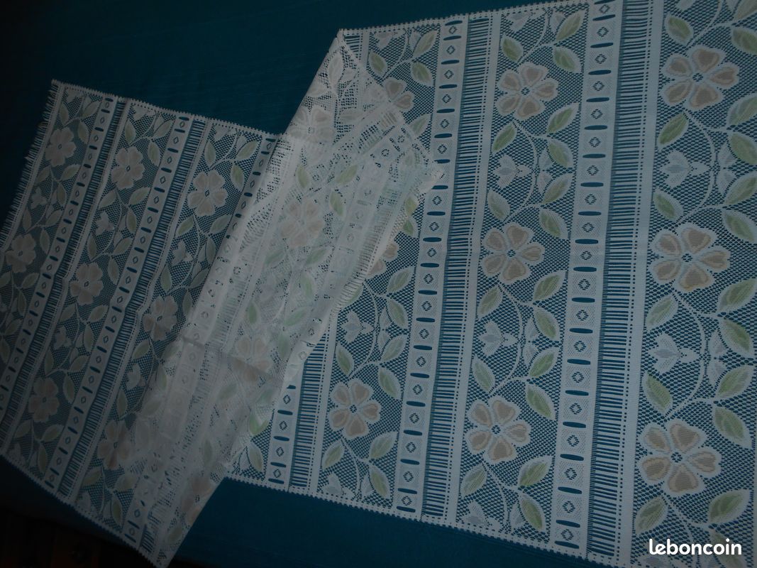 🦋🌴 INDISPONIBLE -Vintage parfait état/Rideaux Brise-bise modulables-Blanc dentelle Motif floral-60x160cm (image 4)