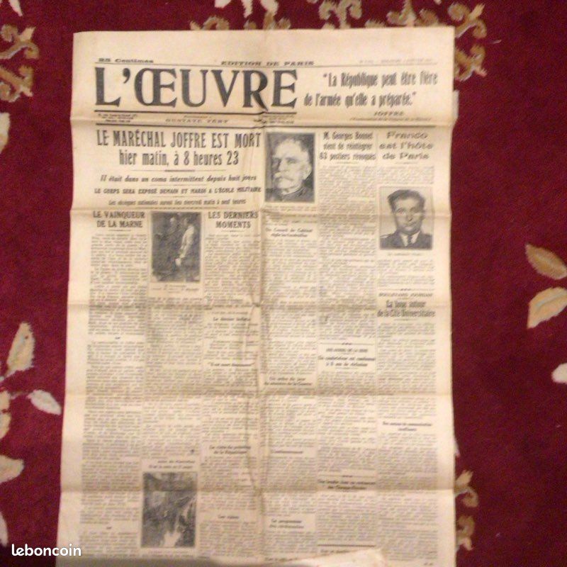 7 journaux du 4 janvier 1931. Mort du Maréchal Joffre (image 10)