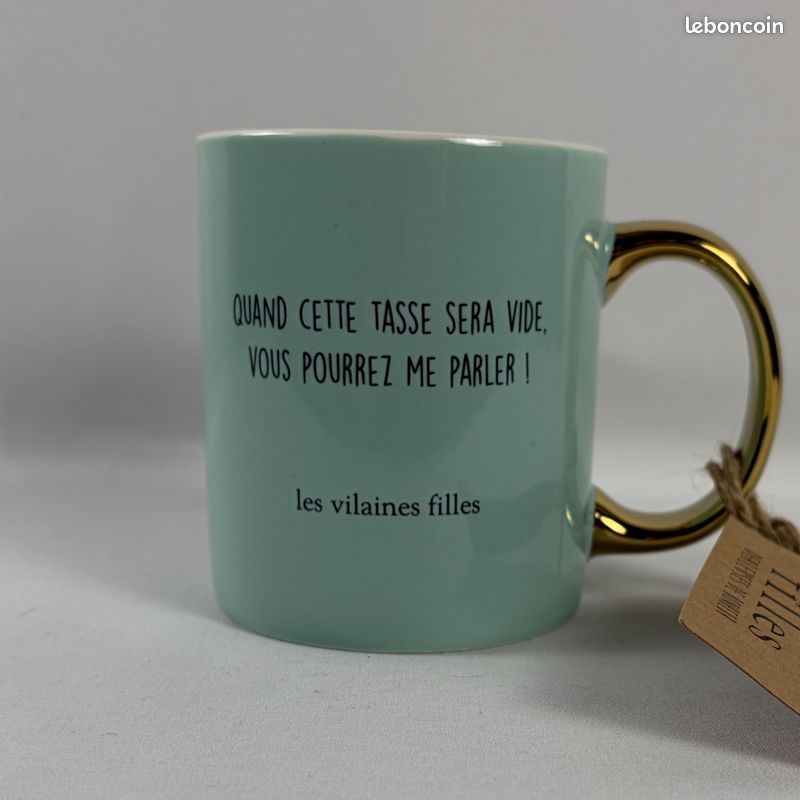 Mug Quand cette tasse sera vide Vous pourrez me parler Bleu turquoise Anse dorée Céramique grès D12 x H9,5 cm NEUF (image 1)