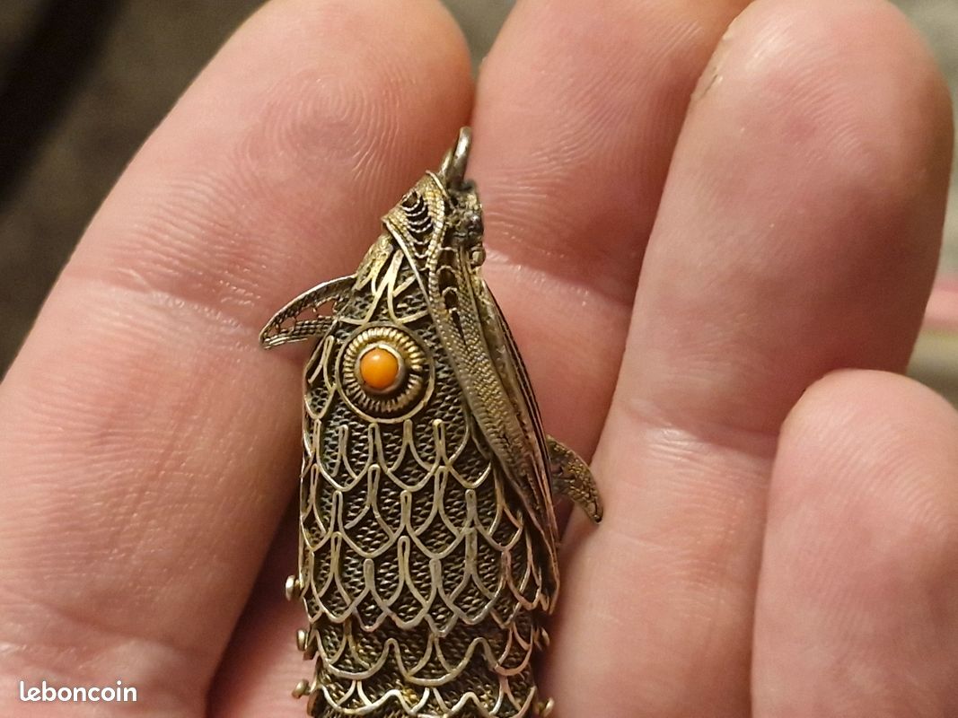 Pendentif Poisson Ancien - Or Sur Argent Sterling - Occasion Bon État