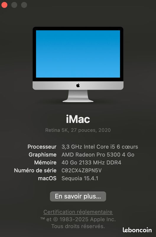 IMac 27" 5K 2020 – I5 6 Cœurs 3,1 GHz – 64 Go RAM – 512 Go SSD – Radeon 5300