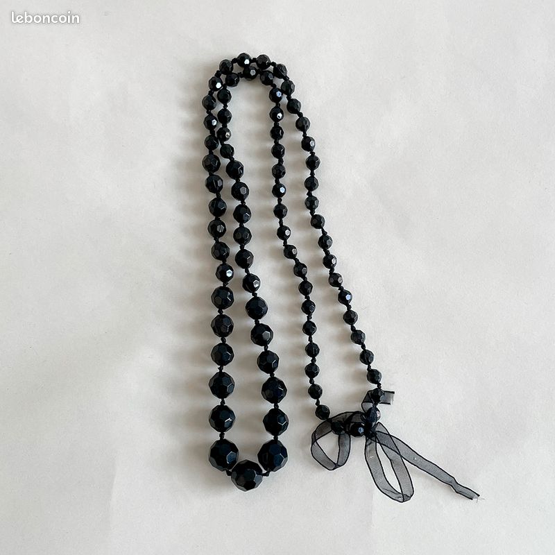 Collier Ancien En Perles De Bois Noir - Longueur 1,9 Mètre - Occasion, Style Vintage