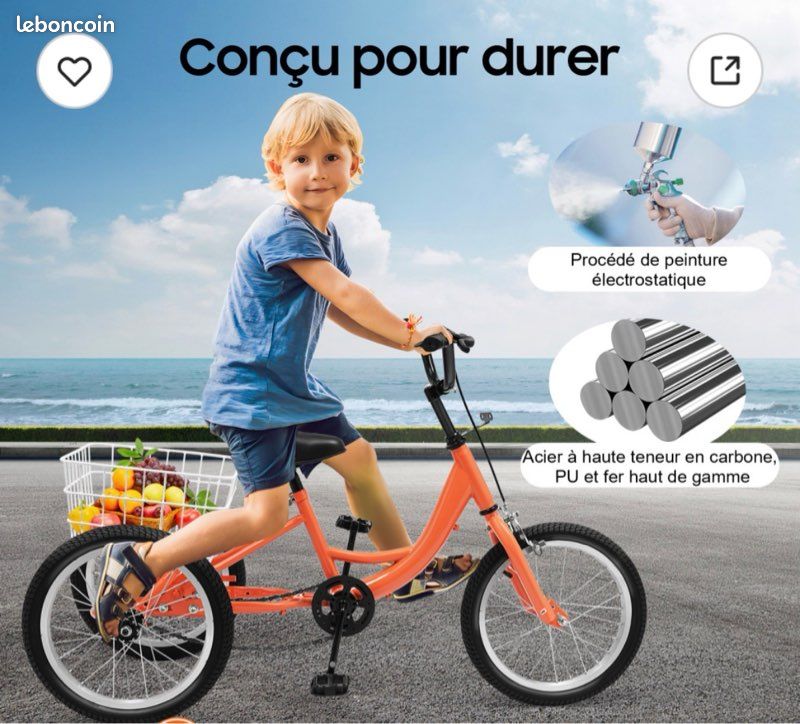 Tricycle 16 Pouces Enfants Avec Panier - Vélo 3 Roues Orange Clair Garçons Filles 7-10 Ans