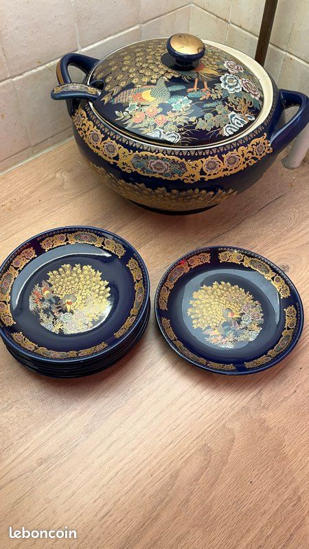 Service de table/ Décoration vintage style oriental / japonais bleu et doré (image 8)