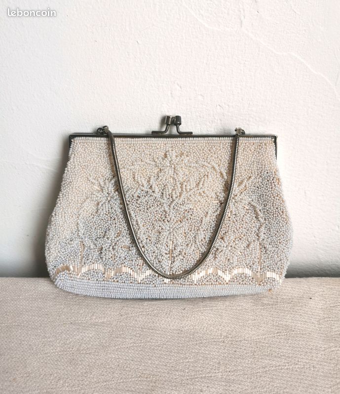 Petit Sac à Main Vintage En Métal Argenté Avec Pierres D'agate - Occasion, Style Rétro