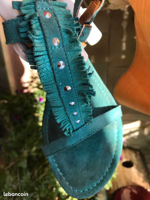 Sandales plates cuir dain turquoise T37 (image 1)