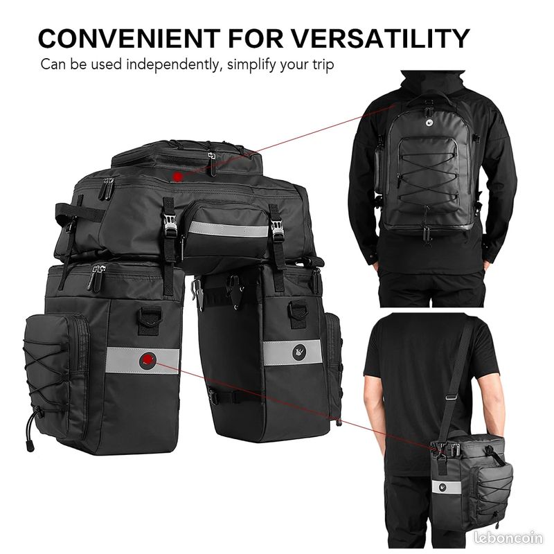 Samlonge Sacoche Vélo 3 En 1 Étanché 8L – Porte-Bagages Arrière / Sac à Dos / Bandoulière – Imperméable Avec Bandes Réfléchissantes – Noir
