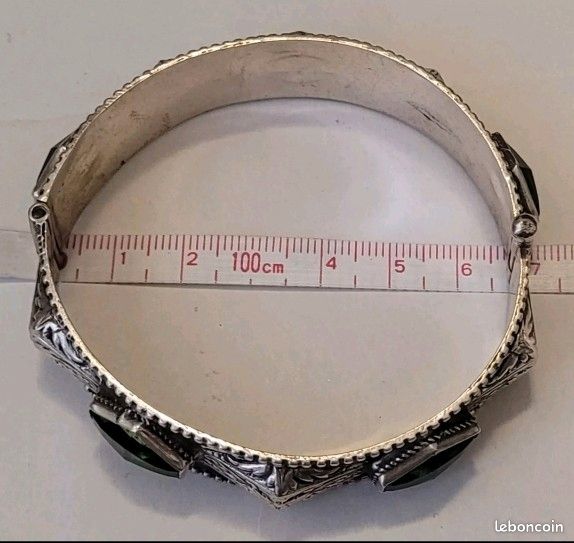 Bracelet Gourmette Jonc En Argent Massif 925 – Pierre Verte, Modèle Ancien
