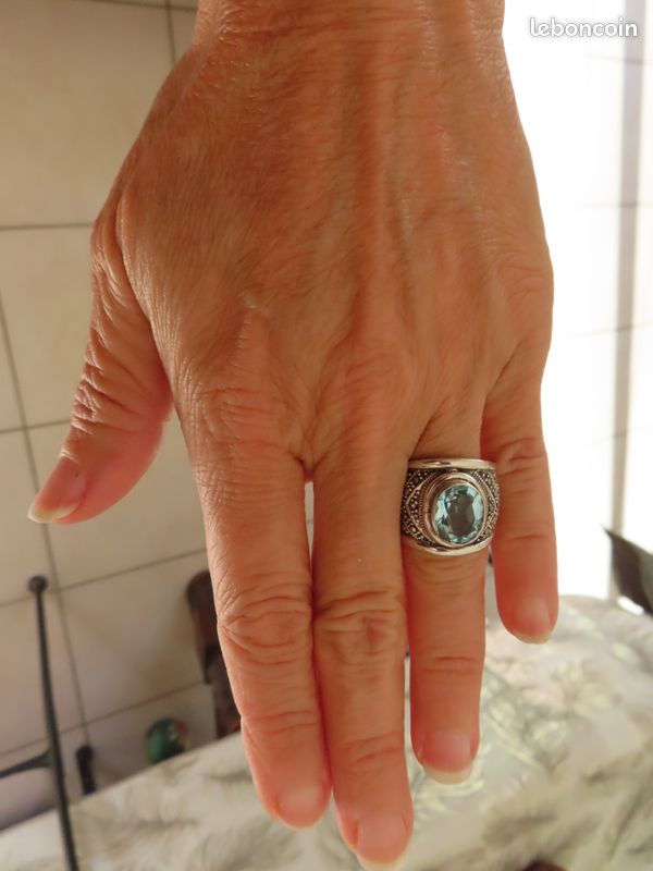Bague Vintage Argent 925 Avec Topaze Bleue Et Aigue-marine - Taille 54, état Parfait