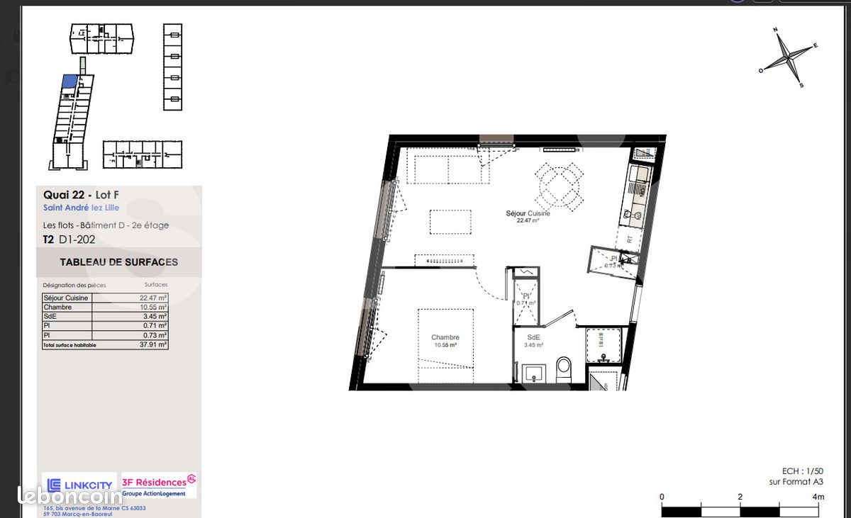 Appartement 2 pièces 37 m² · à Saint-André-lez-Lille · 37 m² · 915 €/mois