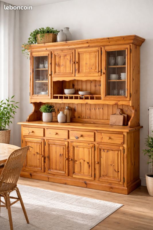 buffet Vaisselier 2 corps en PIN massif avec portes croisillons