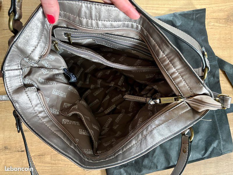 Sac cabas shopping Georges REch taupe irisé bandoulière zippé