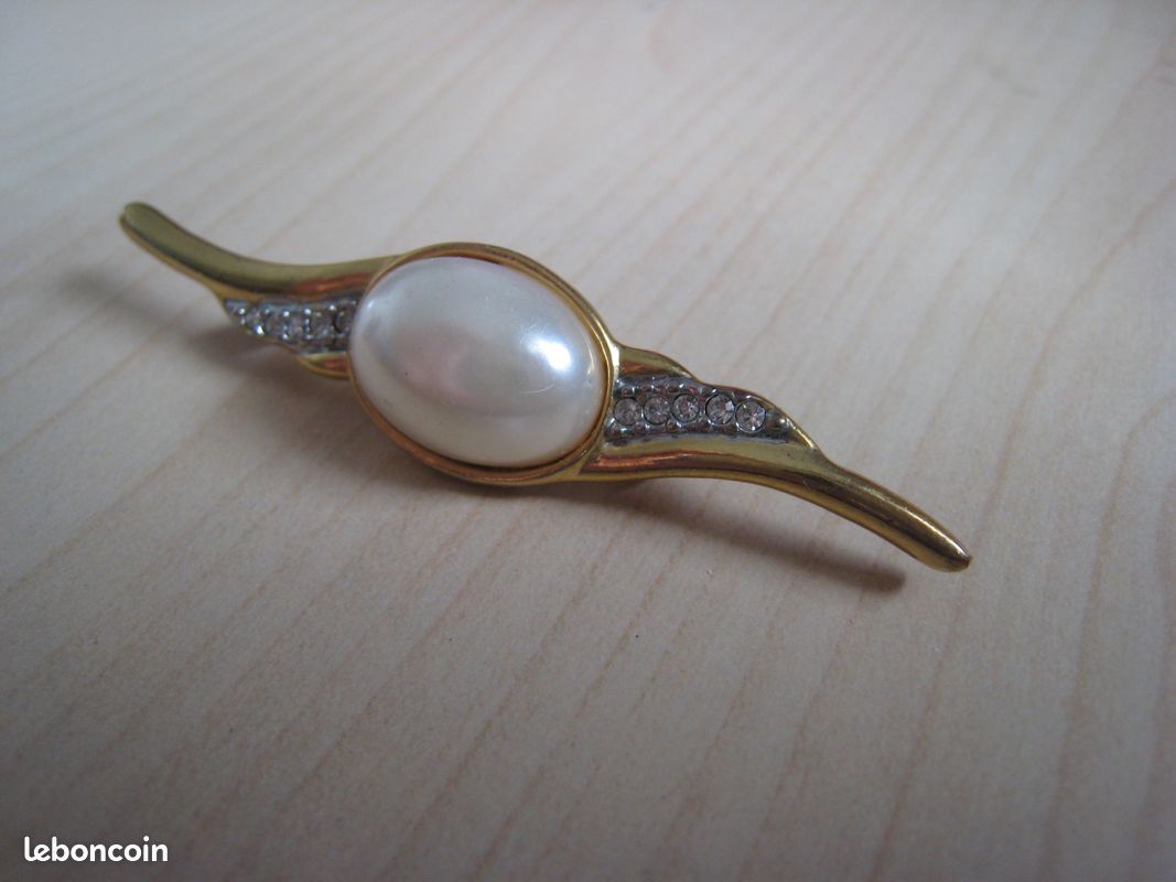 Broche Vintage Or Avec Perle Nacrée Et Cristaux - Bijou Ancien *4149