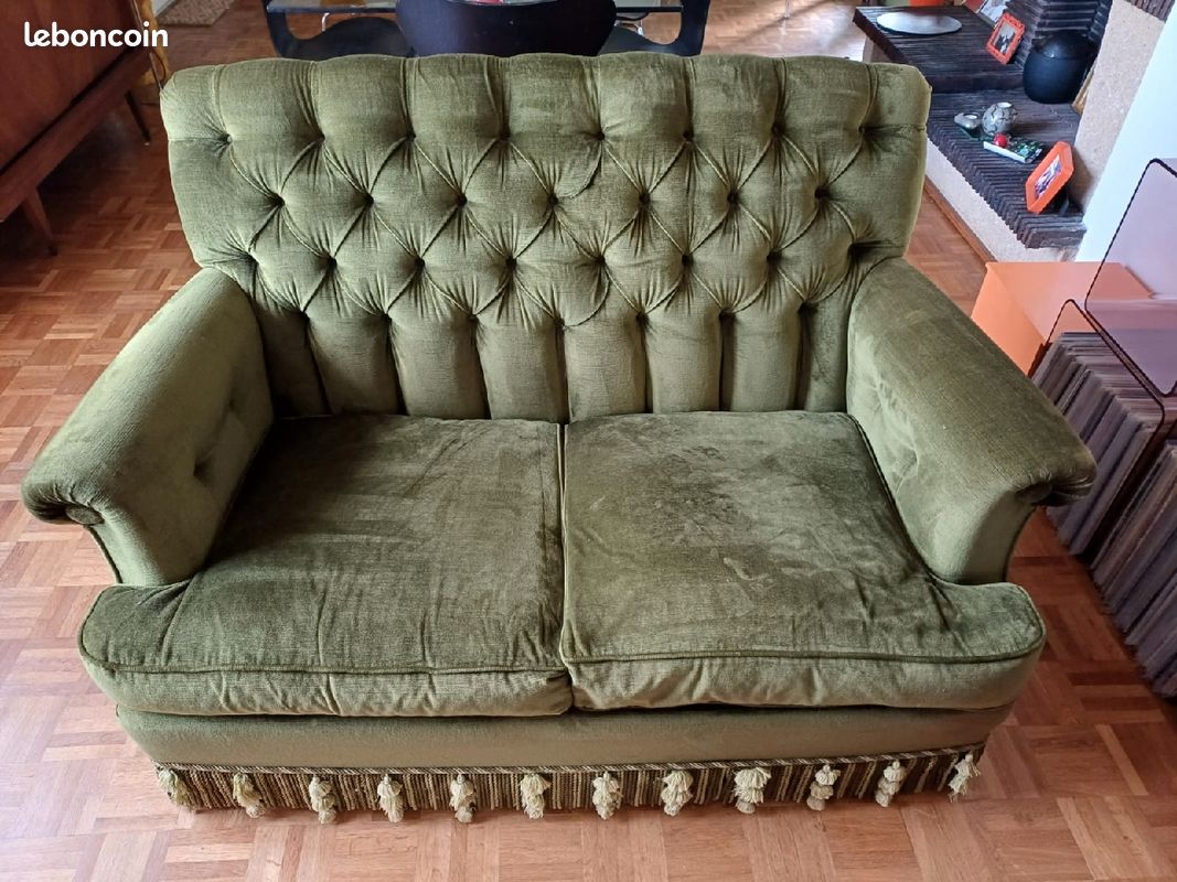 Divan canapé sofa vintage retro années 50 60 vert velours très bon état (image 3)