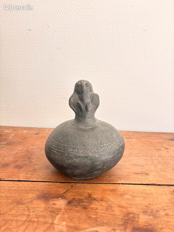 Vase Pot Céramique Zoomorphe Terre Cuite Noire Précolombien Culture Chimu Moche Pérou Hibou Chouette XXème (image 1)