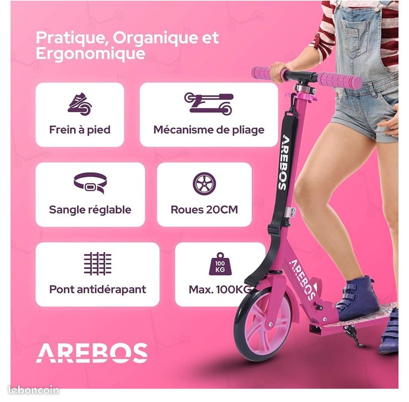 Arebos Trottinette Enfant Et Adulte Avec Roues LED - Suspension Avant, Sonnette Et Support Bouteille