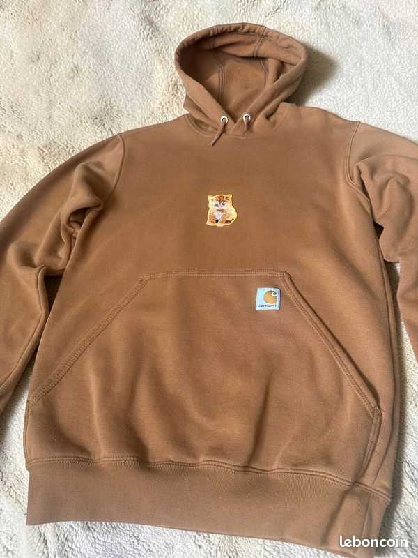 Sweat à Capuche Carhartt Marron Carhartt Brown Customisé Chat - Taille XS (image 3)