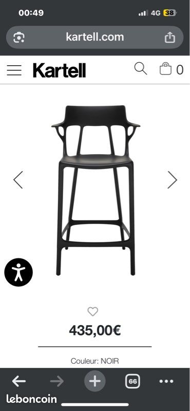 2 Tabourets haut KARTELL coloris Noir Design moulé Starck Accoudoir bar snack table haute îlot (image 5)