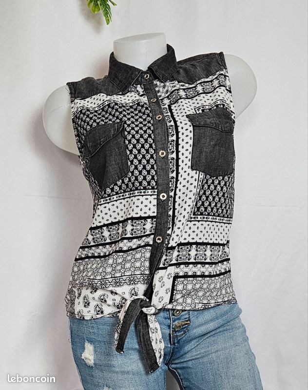 Blouse Jd Williams Femme - Noir Imprimé Géo, Dos Plongeant - Manches Longues - NEUF