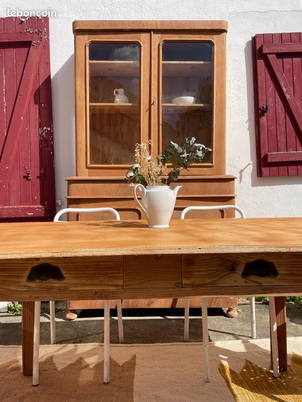 Grande table bois 2m rénovée style campagne chic bohème avec tiroirs (image 2)