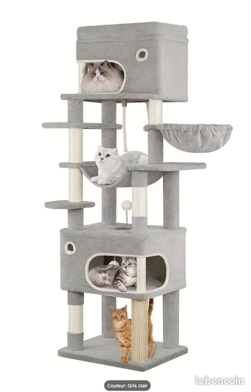 Arbre Ă Chat de 178 cm avec Grande Plateforme, 2 Grottelettes, 7 Poteaux Griffoirs, (gris clair ou gris foncĂ©) - Neuf - Livraison gratuite en Europe âââ (image 1)